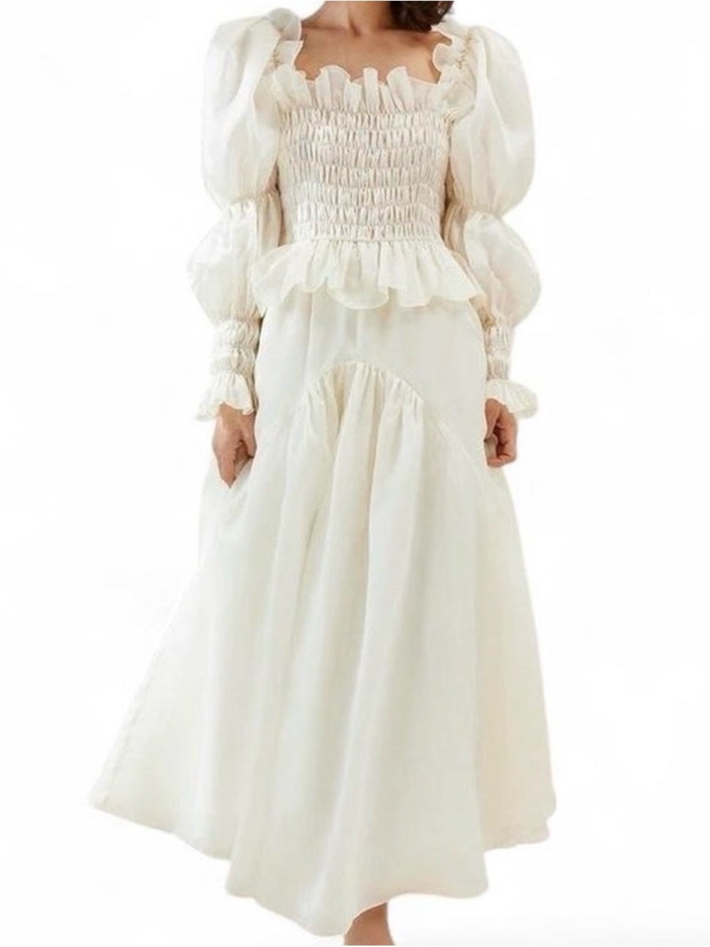 Loeffler Randall Cream Smocked Peasant Maxi with Puff Sleeves